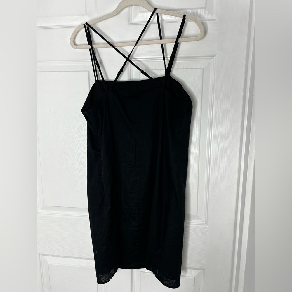 NWOT H&M Black Linen Blend Strappy Short  Dress Sz L